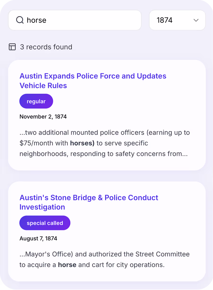 Austin Historical Council Meeting Search Platform screenshot